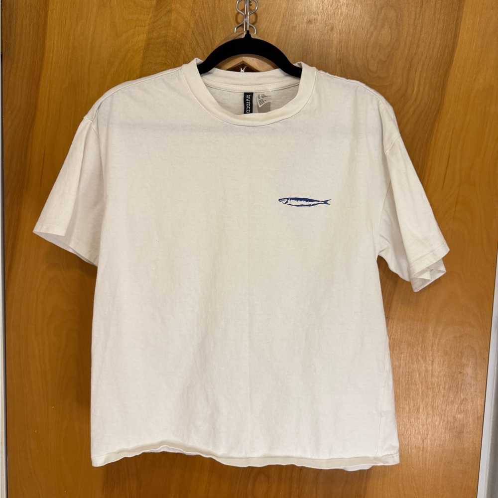 Divided White Tee with Blue Fish Detail